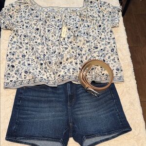 Max Studio Blue and Cream Floral Blouse